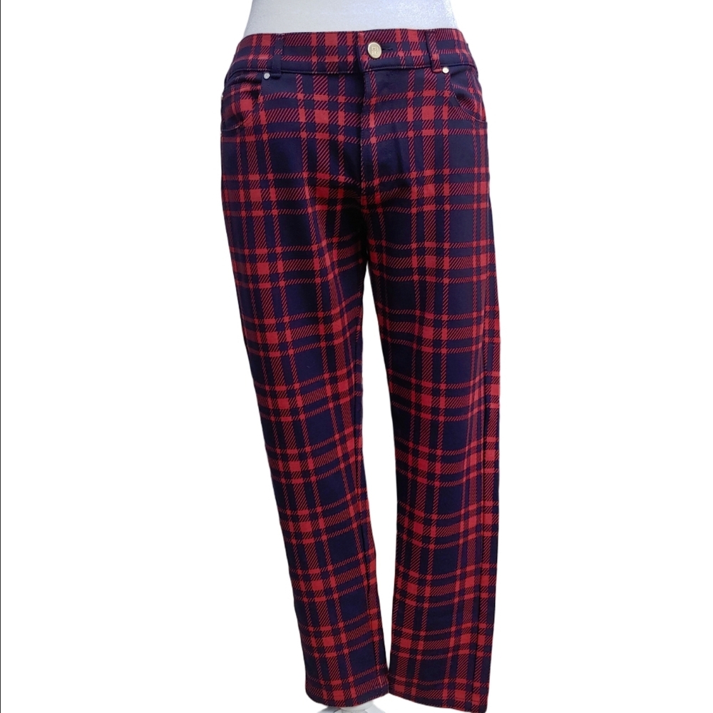 Carolina Herrera Plaid Women's Mid-Rise Slim Leg Ankle Pants Red Navy size 8